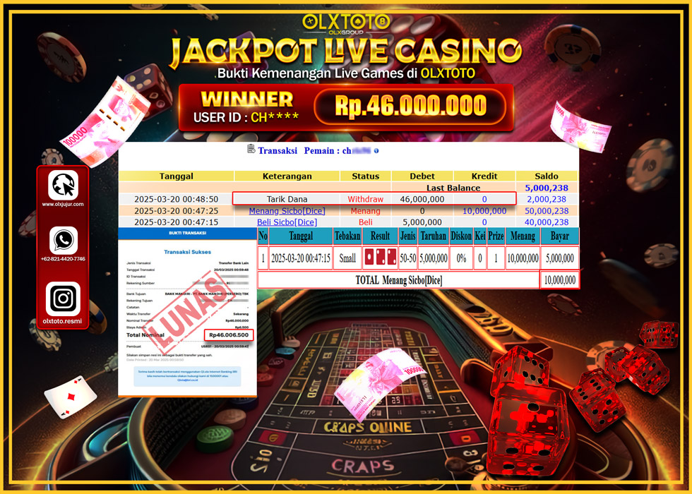 OLXTOTO JACKPOT  LIVE GAMES SICBO DICE Rp.46.000.000.,- LUNAS