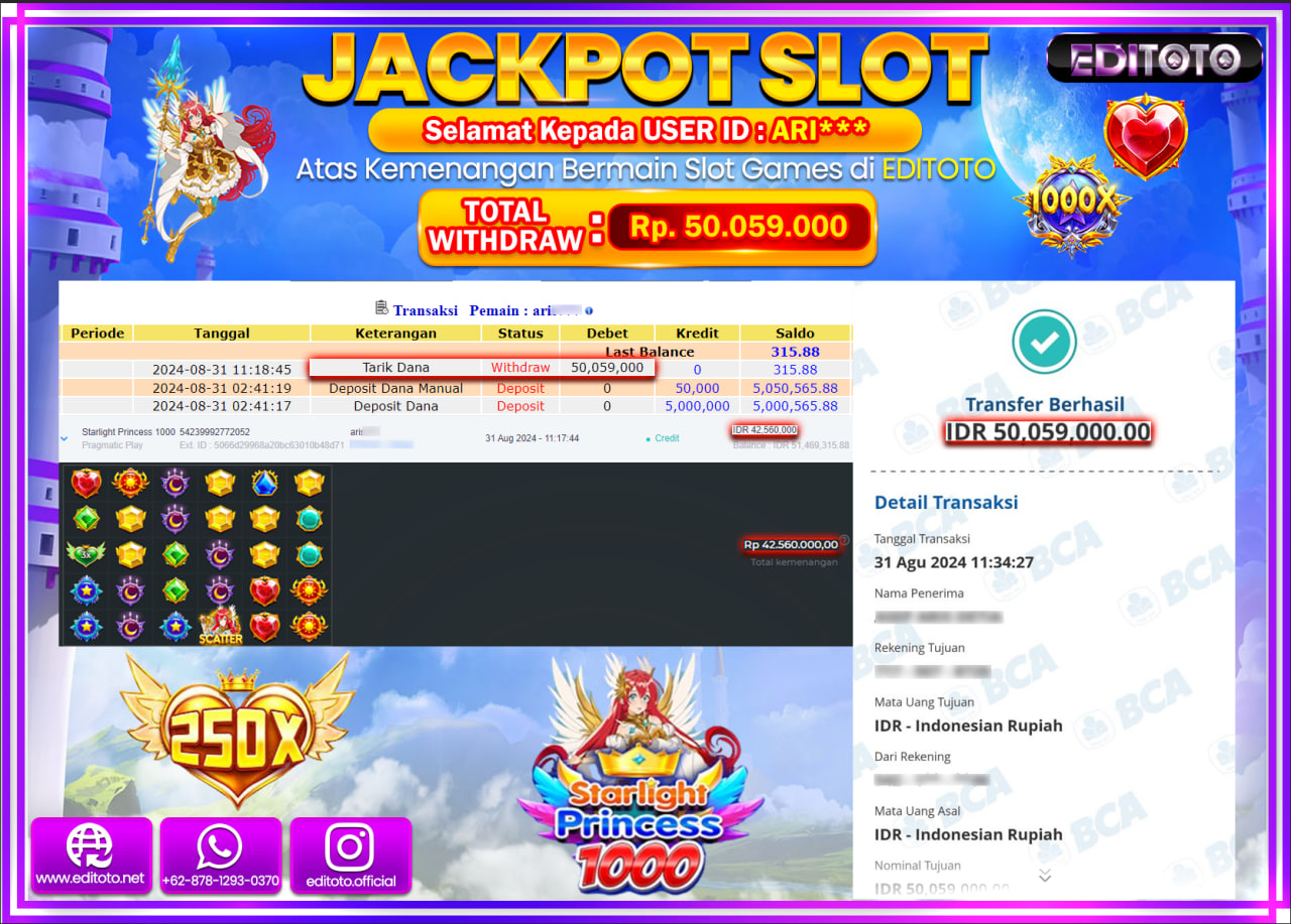JACKPOT SLOT STARLIGHT PRINCESS 1000   Rp.50.059.000.,- LUNAS