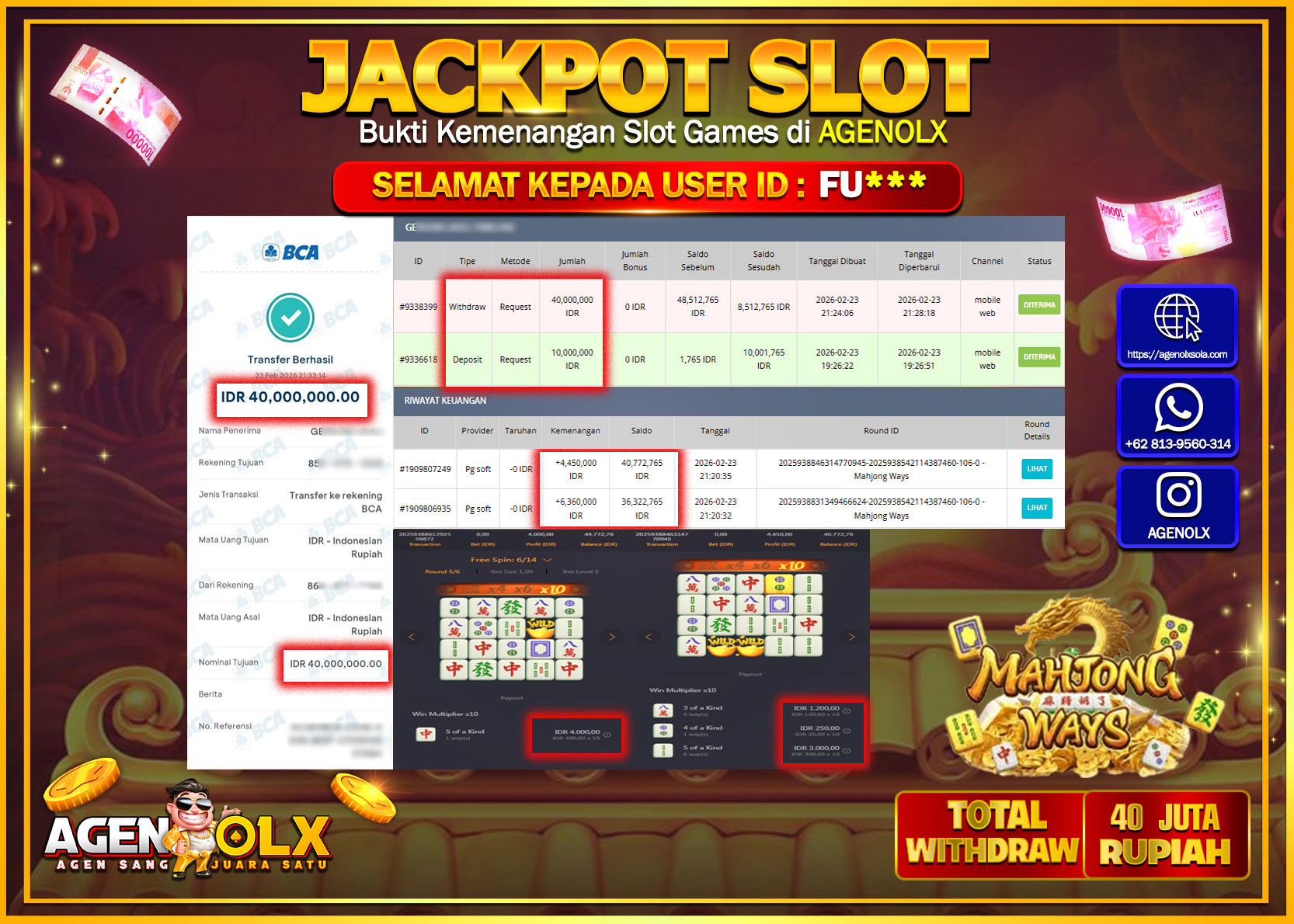 AGENOLX JACKPOT SLOT MAHJONG WAYS   Rp 40.000.000 - LUNAS  