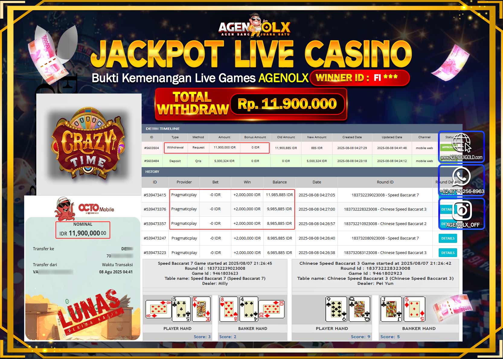 AGENOLX JACKPOT LIVE CASINO SPEED BACCARAT Rp 11.900.000,- LUNAS