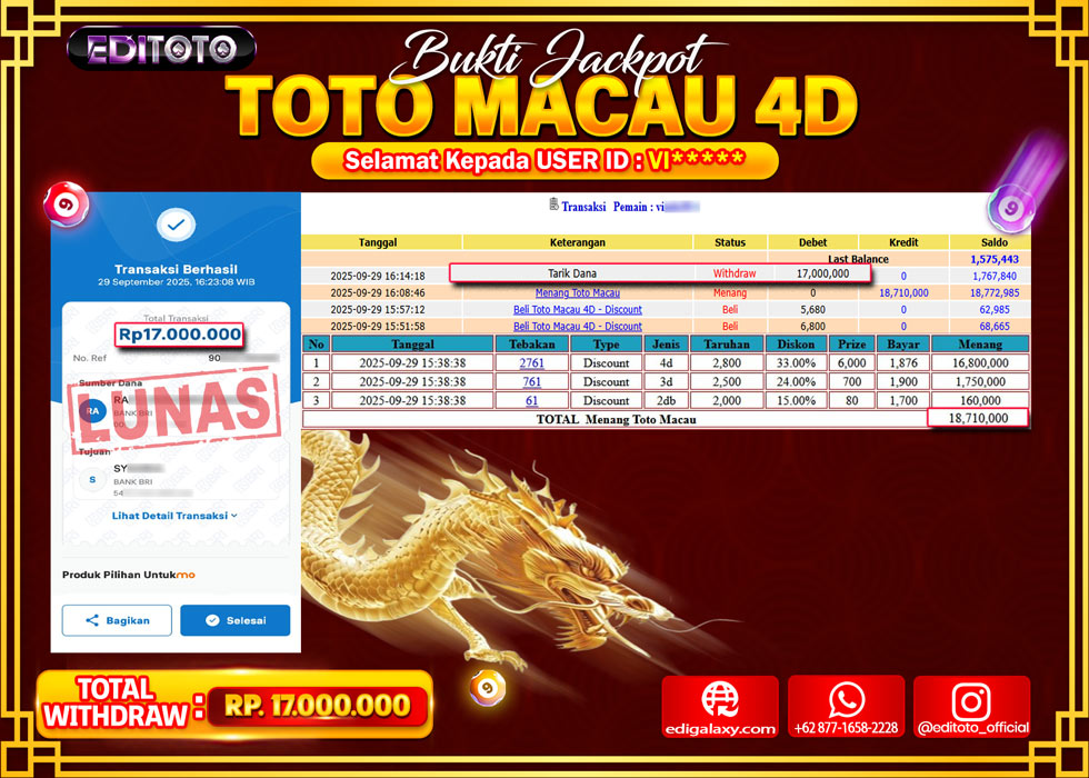 JACKPOT EDITOTO TOGEL PASARAN TOTO MACAU 4D Rp.17.000.000.,- LUNAS