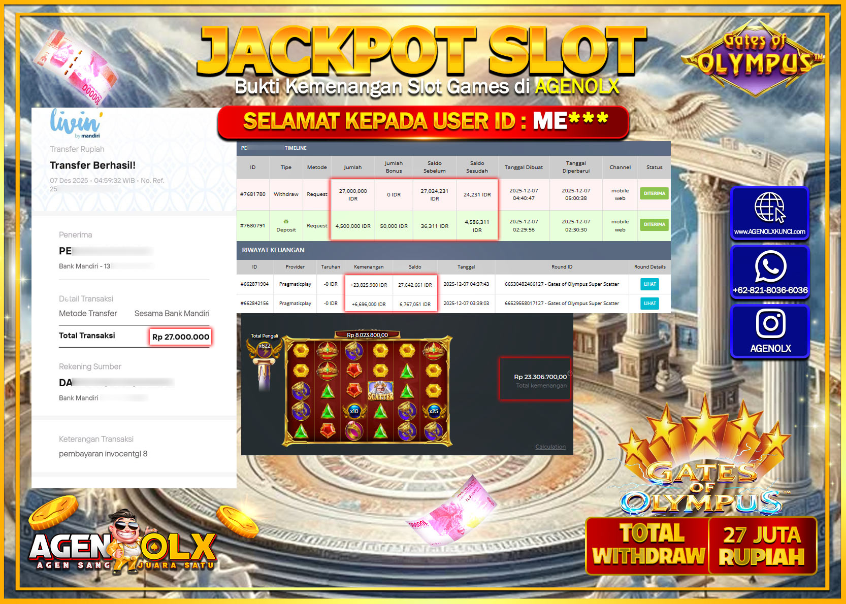 AGENOLX JACKPOT SLOT GATES OF OLYMPUS SUPER  Rp 27,00,000,- LUNAS