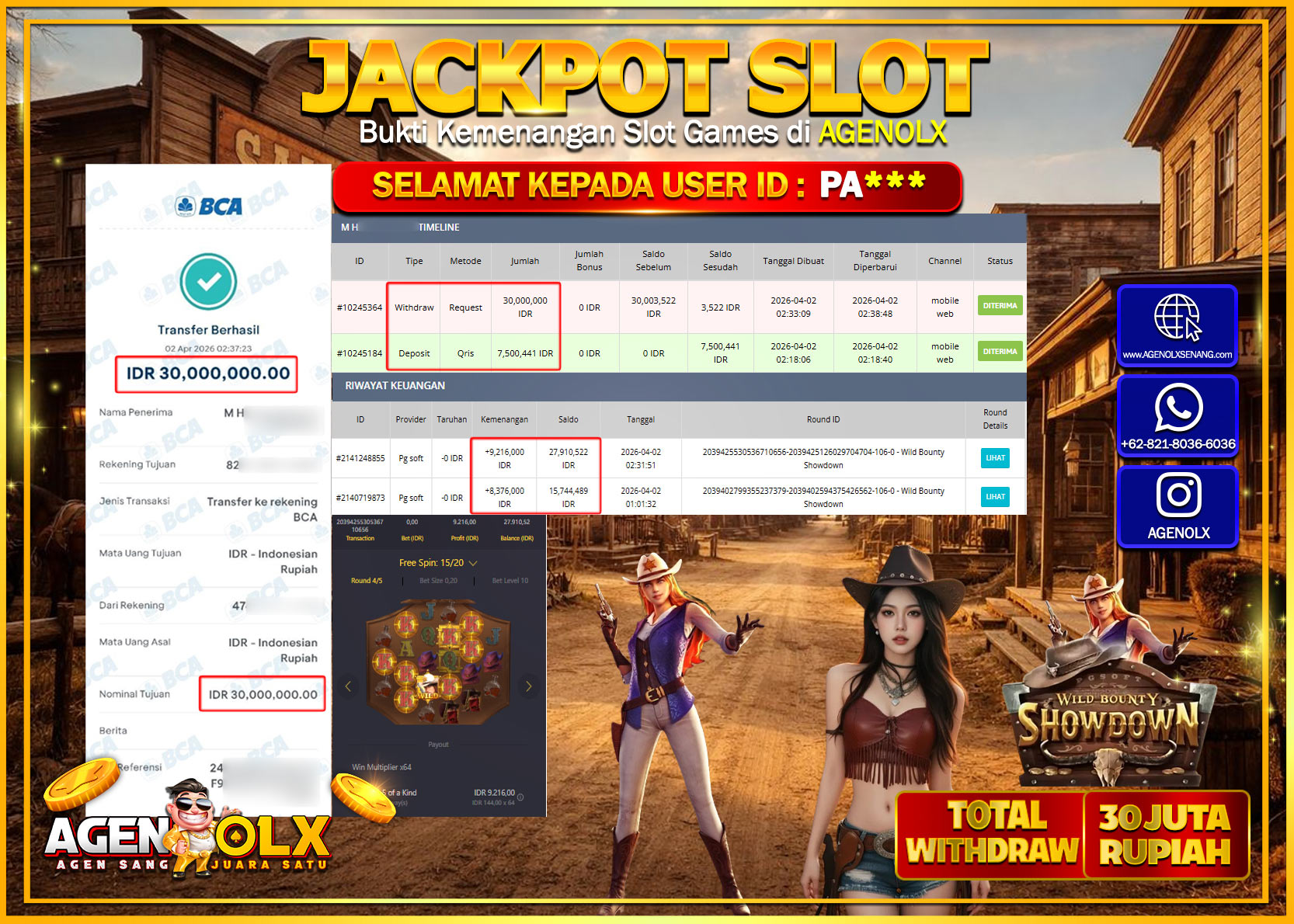 AGENOLX JACKPOT SLOT WILD BOUNTY SHOWDOWN Rp 30.000.000 - LUNAS