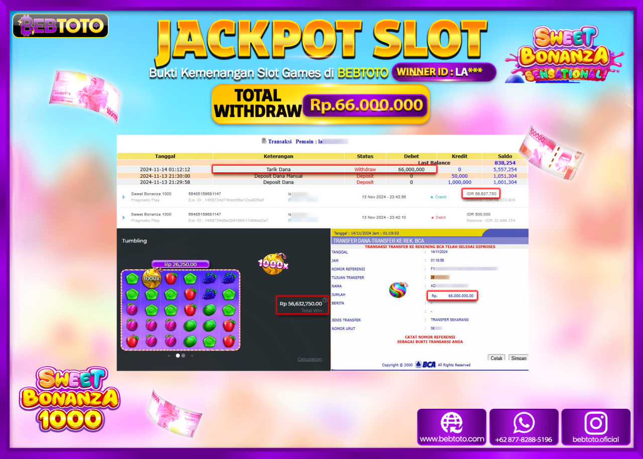 JACKPOT SLOT BEBTOTO SWEET BONANZA 1000 Rp.66.000.000.,- LUNAS