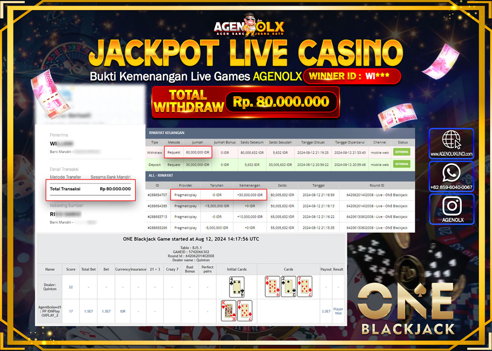 AGENOLX JACKPOT LIVE CASINO ONE BLACKJACK  Rp.80.000.000,- LUNAS
