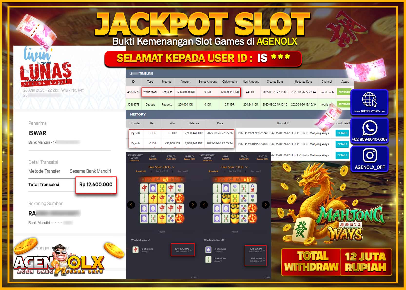 AGENOLX JACKPOT SLOT MAHJONG WAYS Rp 12,600,000,- LUNAS
