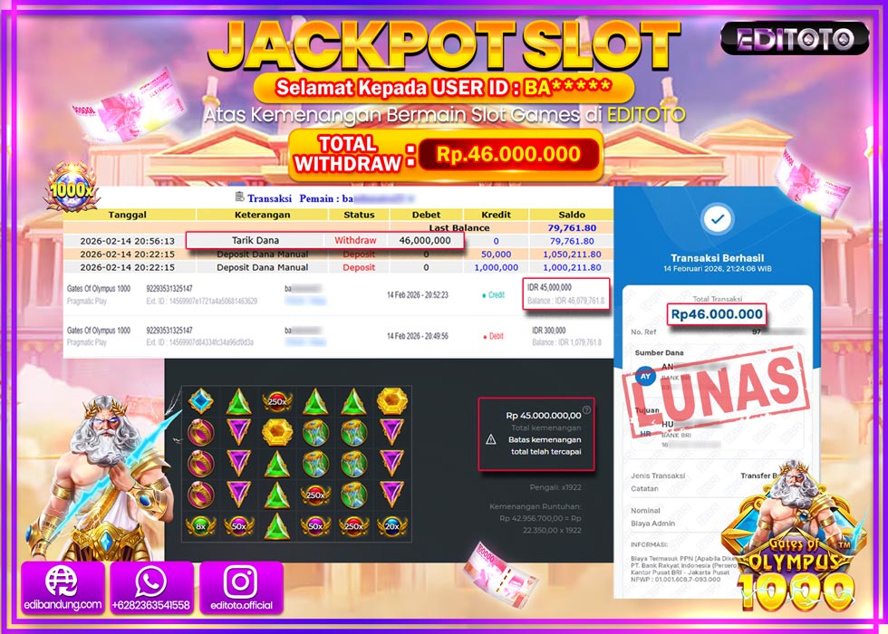 JACKPOT EDITOTO SLOT GATES OF OLYMPUS 1000 Rp.46.000.000,- LUNAS