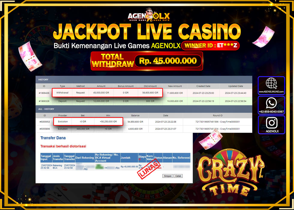 AGENOLX JACKPOT LIVE CASINO CRAZY TIME  Rp.45.000.000,- LUNAS