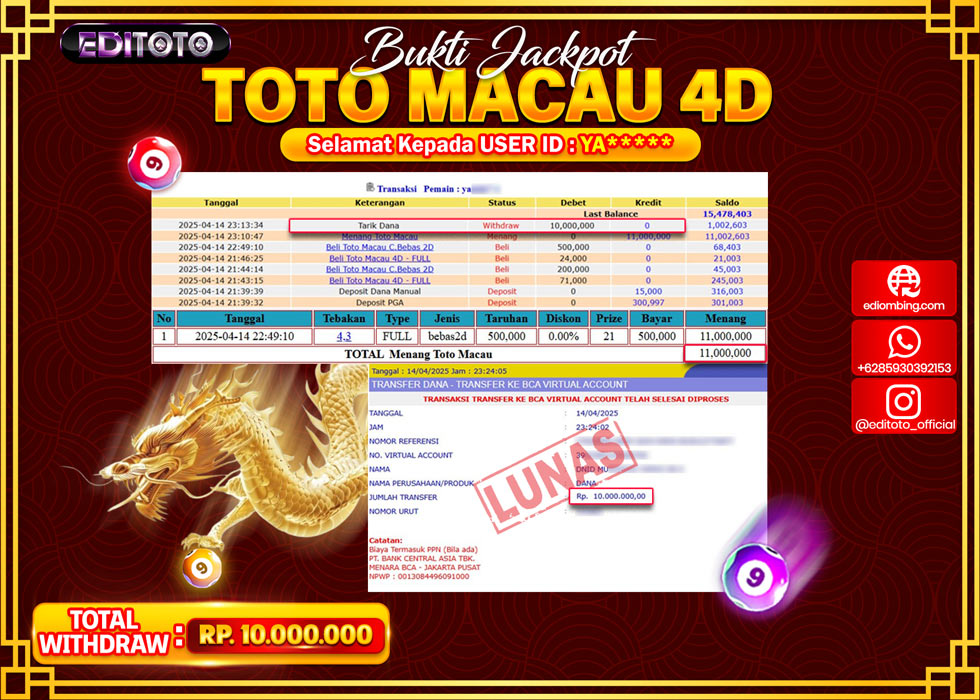JACKPOT EDITOTO TOGEL PASARAN TOTOMACAU 4D Rp.10.000.000.,- LUNAS