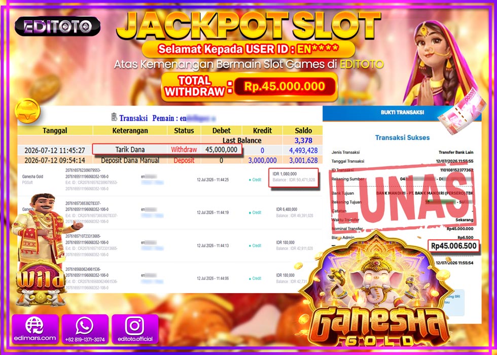 JACKPOT EDITOTO SLOT GANESHA GOLD Rp.45.000.000,- LUNAS