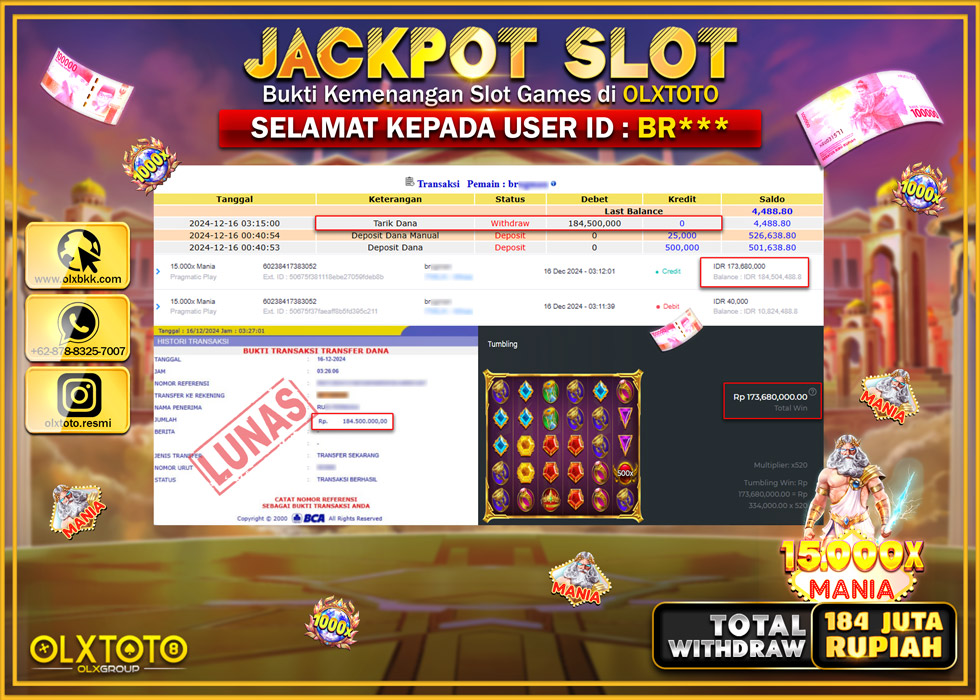 OLXTOTO JACKPOT  SLOT  15.000X MANIA  Rp.184.500.000.,- LUNAS