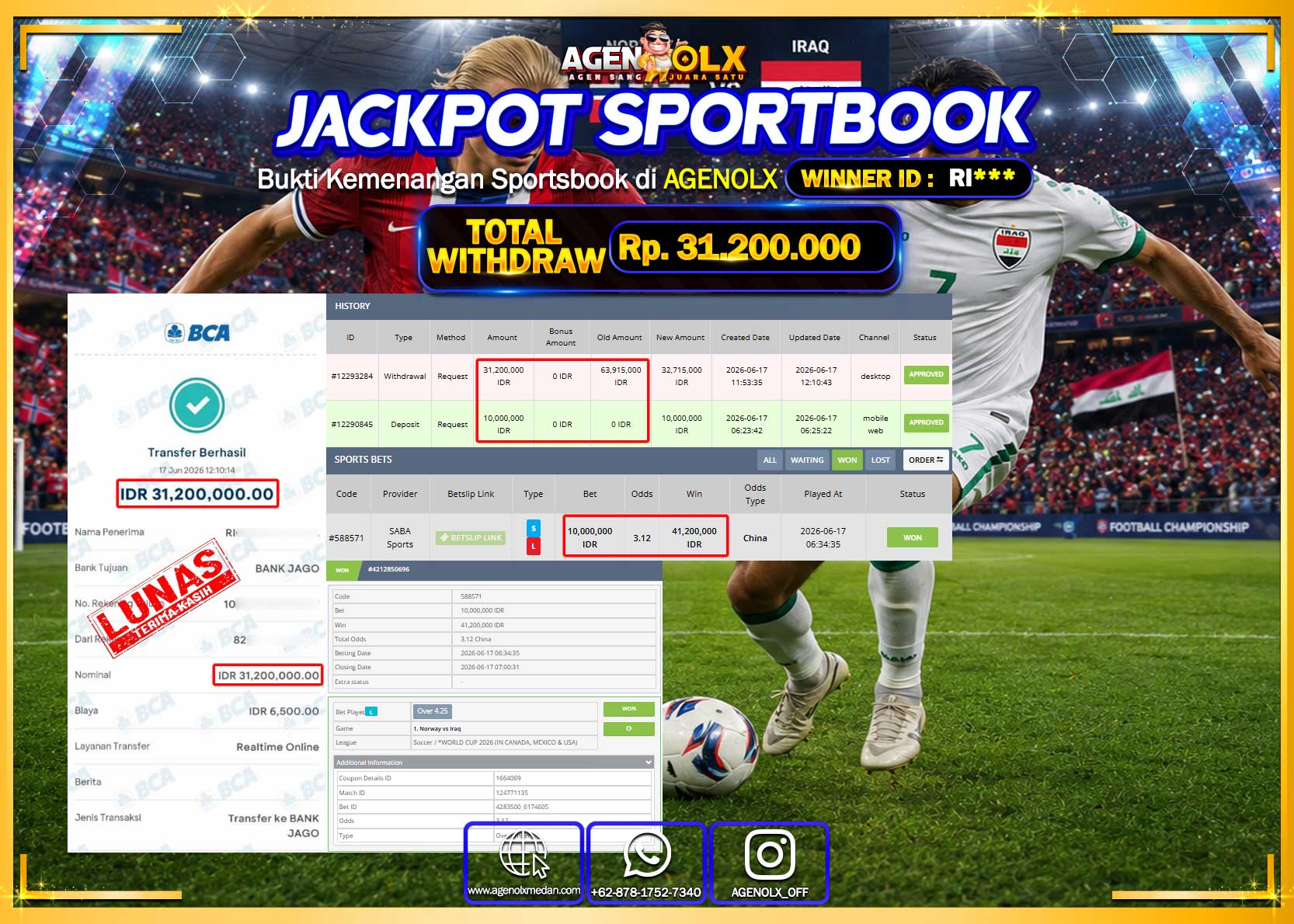 AGENOLX JACKPOT SPORTBOOK SABA SPORT Rp 31.200.000- LUNAS
