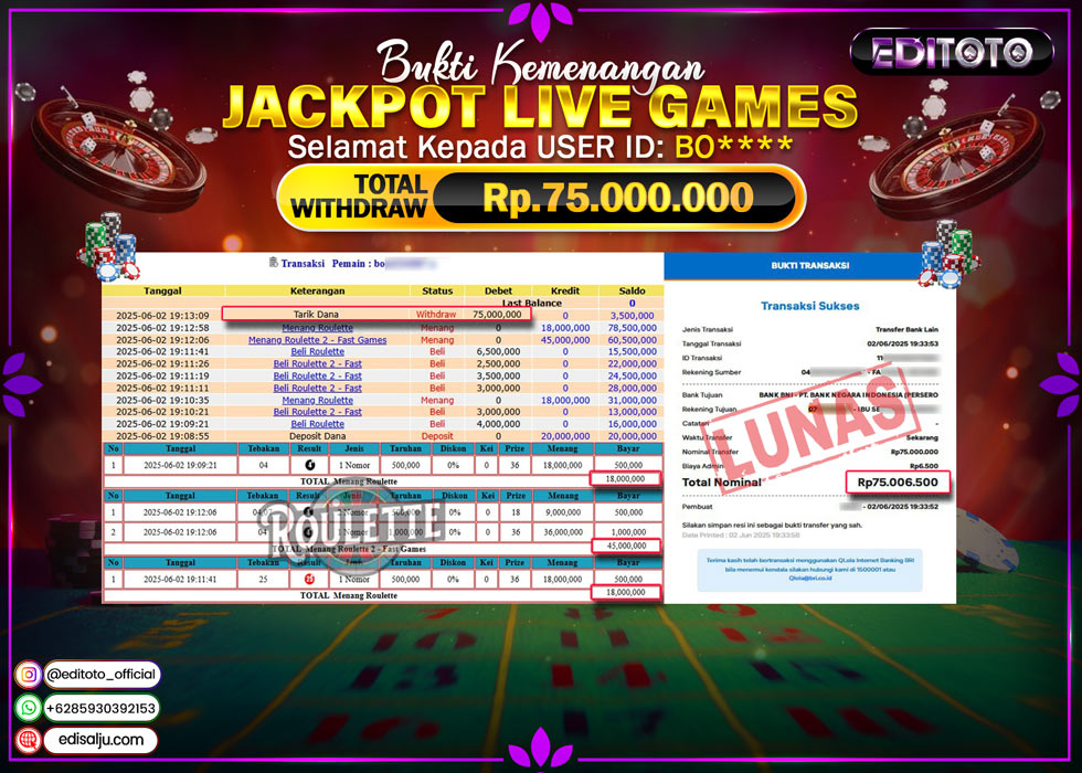 JACKPOT EDITOTO LIVE GAMES ROULETTE 2  Rp.75.000.000.,- LUNAS