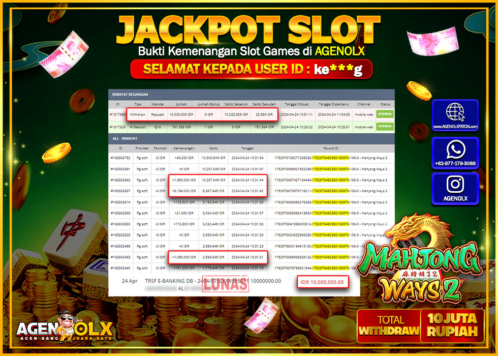 AGENOLX JACKPOT SLOT Mahjong ways 2 Rp.10.000.000,- LUNAS