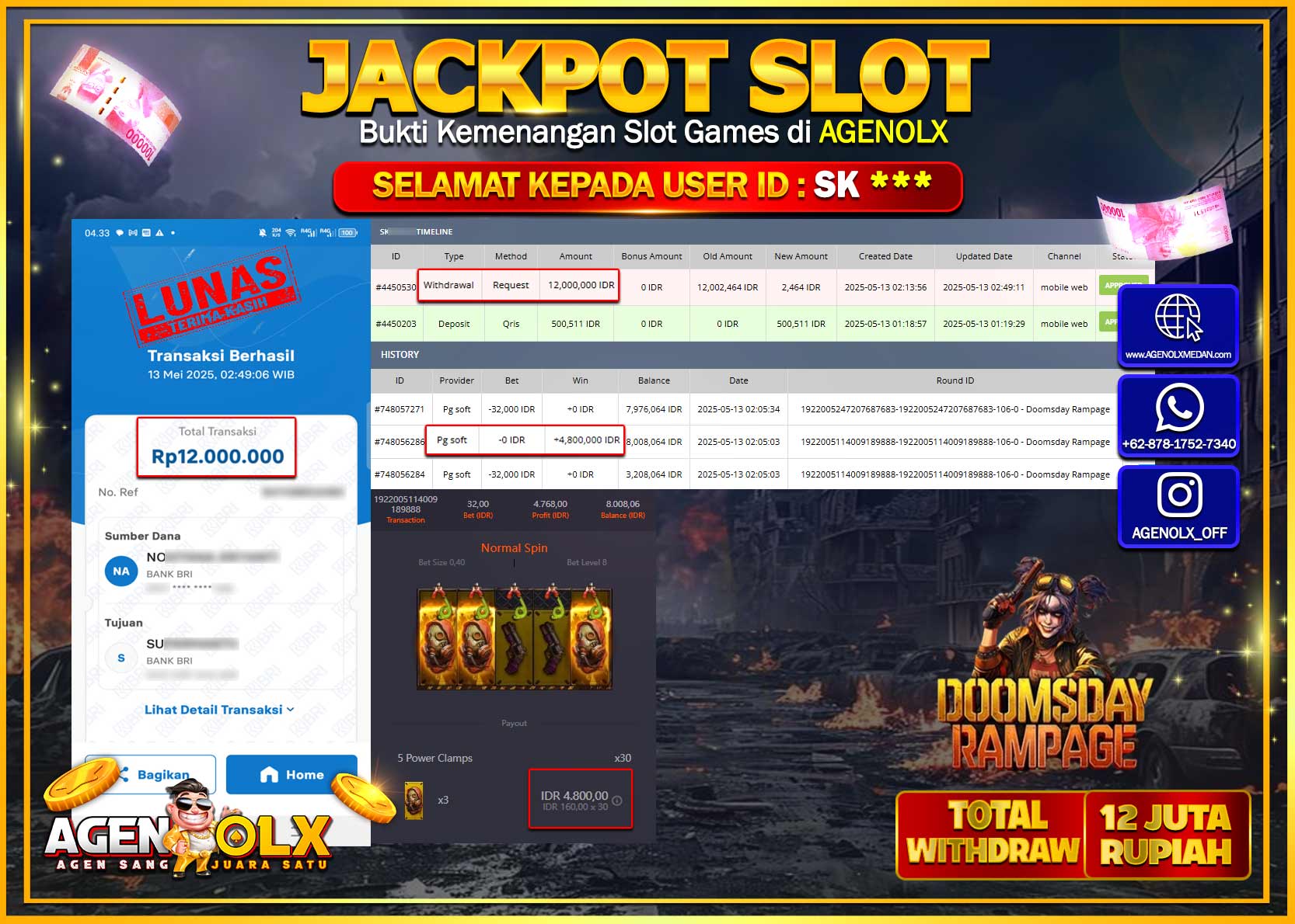 AGENOLX JACKPOT SLOT DOOMSDAY RAMPAGE Rp 12.000.000,- LUNAS