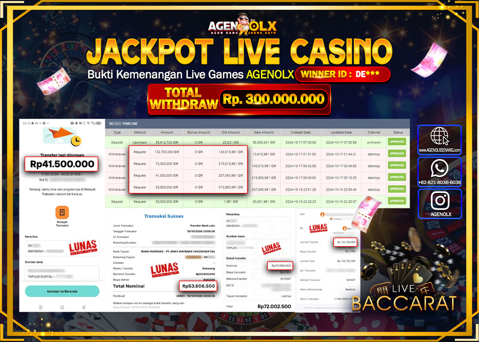 AGENOLX JACKPOT  LIVE GAMES BACCARAT  Rp. 300.000.000,- LUNAS
