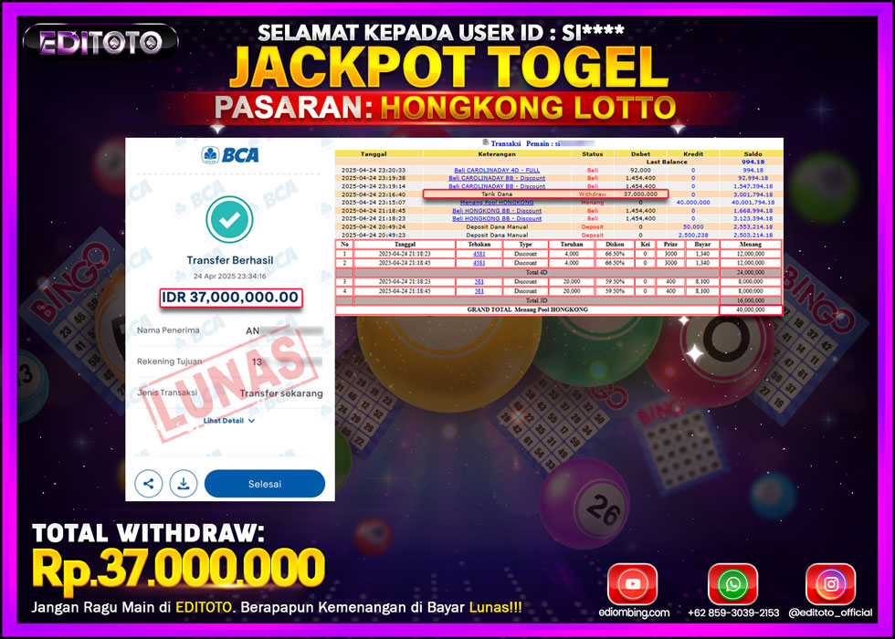 JACKPOT EDITOTO TOGEL PASARAN HONGKONG LOTTO Rp.37.000.000.,- LUNAS