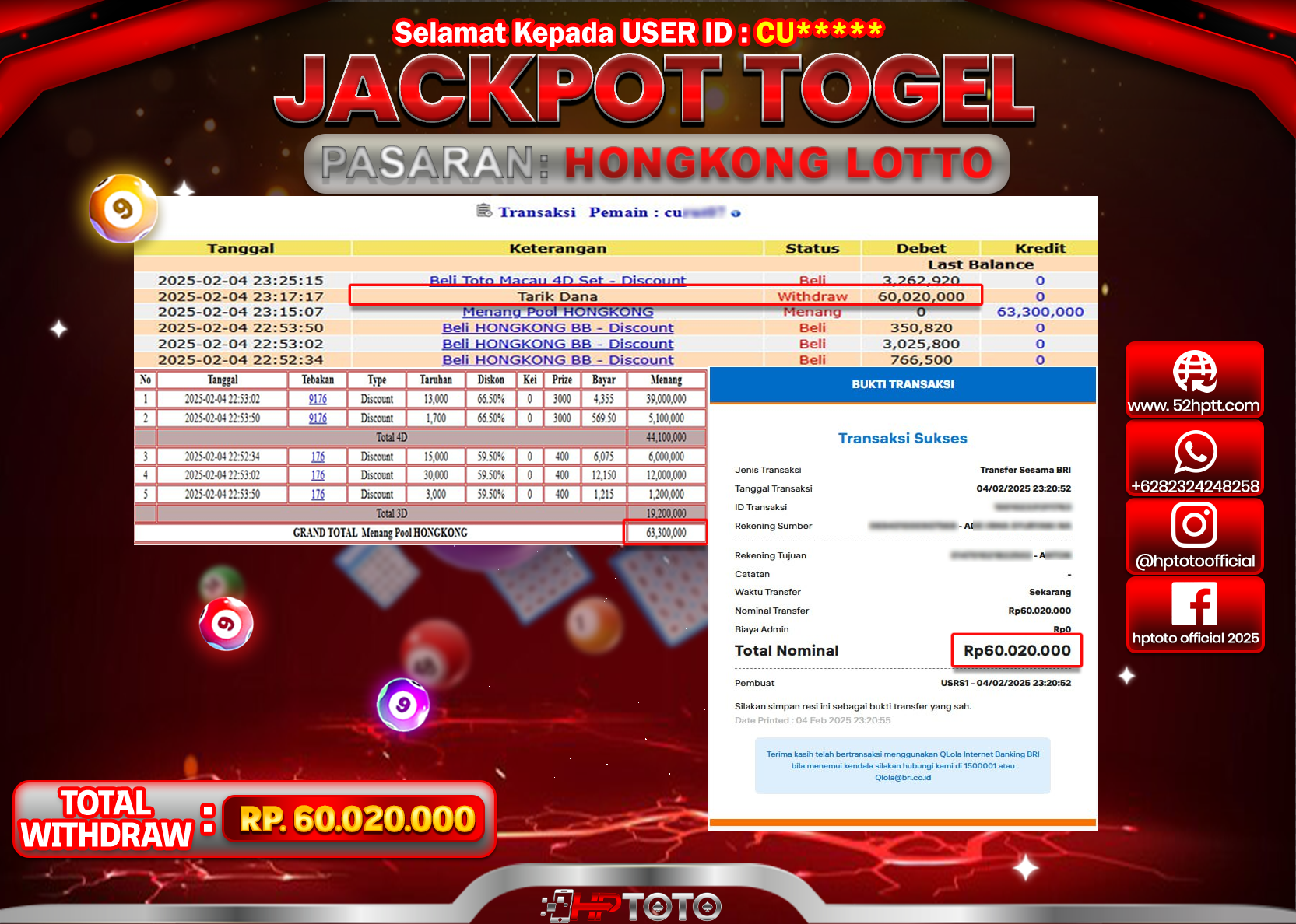 JACKPOT TOGEL PASARAN HONGKONG LOTTO Rp.60.020.000.,- LUNAS