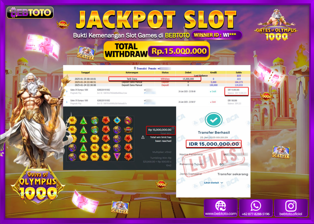 JACKPOT SLOT BEBTOTO GATES OF OLYMPUS 1000 Rp.15.000.000.,- LUNAS
