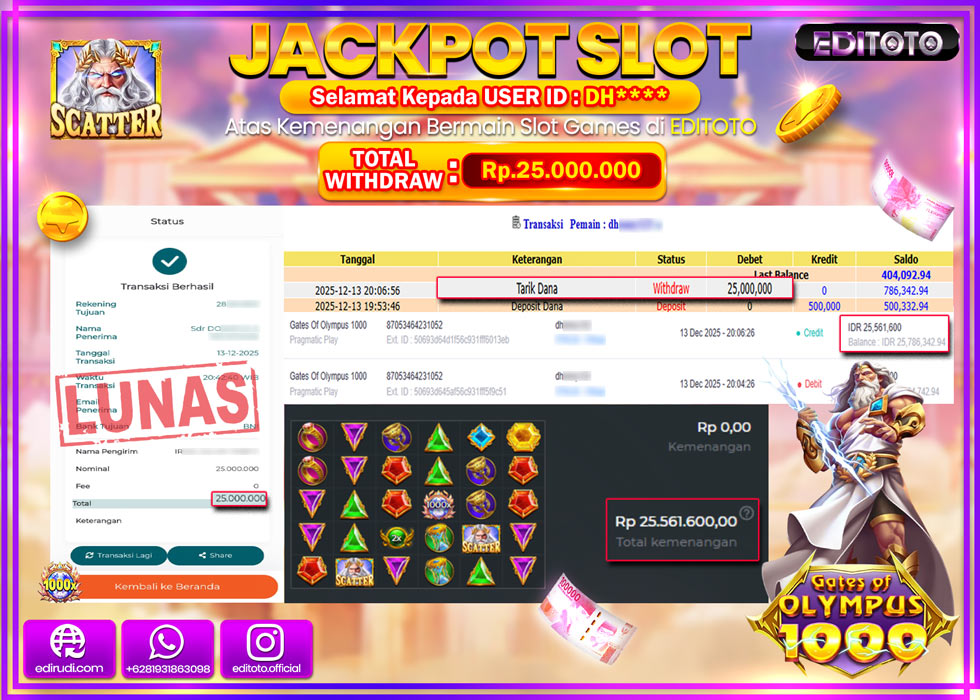 JACKPOT EDITOTO SLOT GATES OF OLYMPUS 1000  Rp.25.000.000,- LUNAS  