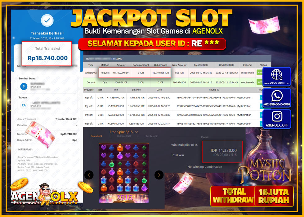 AGENOLX JACKPOT  SLOT MYSTIC POTION Rp 18.000.000,- LUNAS