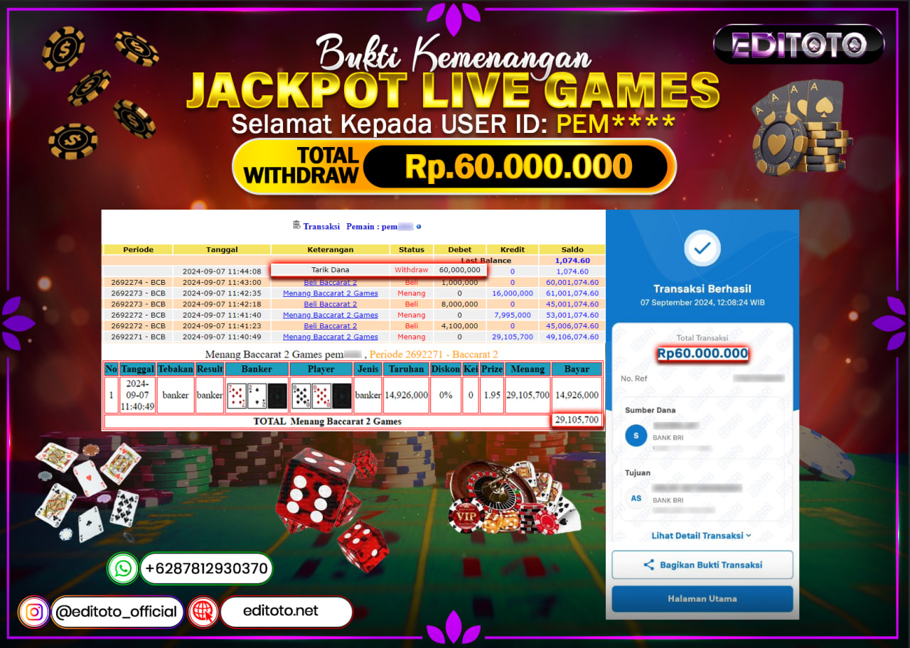 JACKPOT LIVE GAME BACCARAT 2 Rp.60.000.000.,- LUNAS