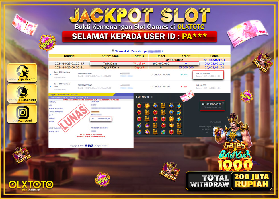 OLXTOTO JACKPOT  SLOT GATES OF GATOT KACA 1000  Rp.200.000.000.,- LUNAS