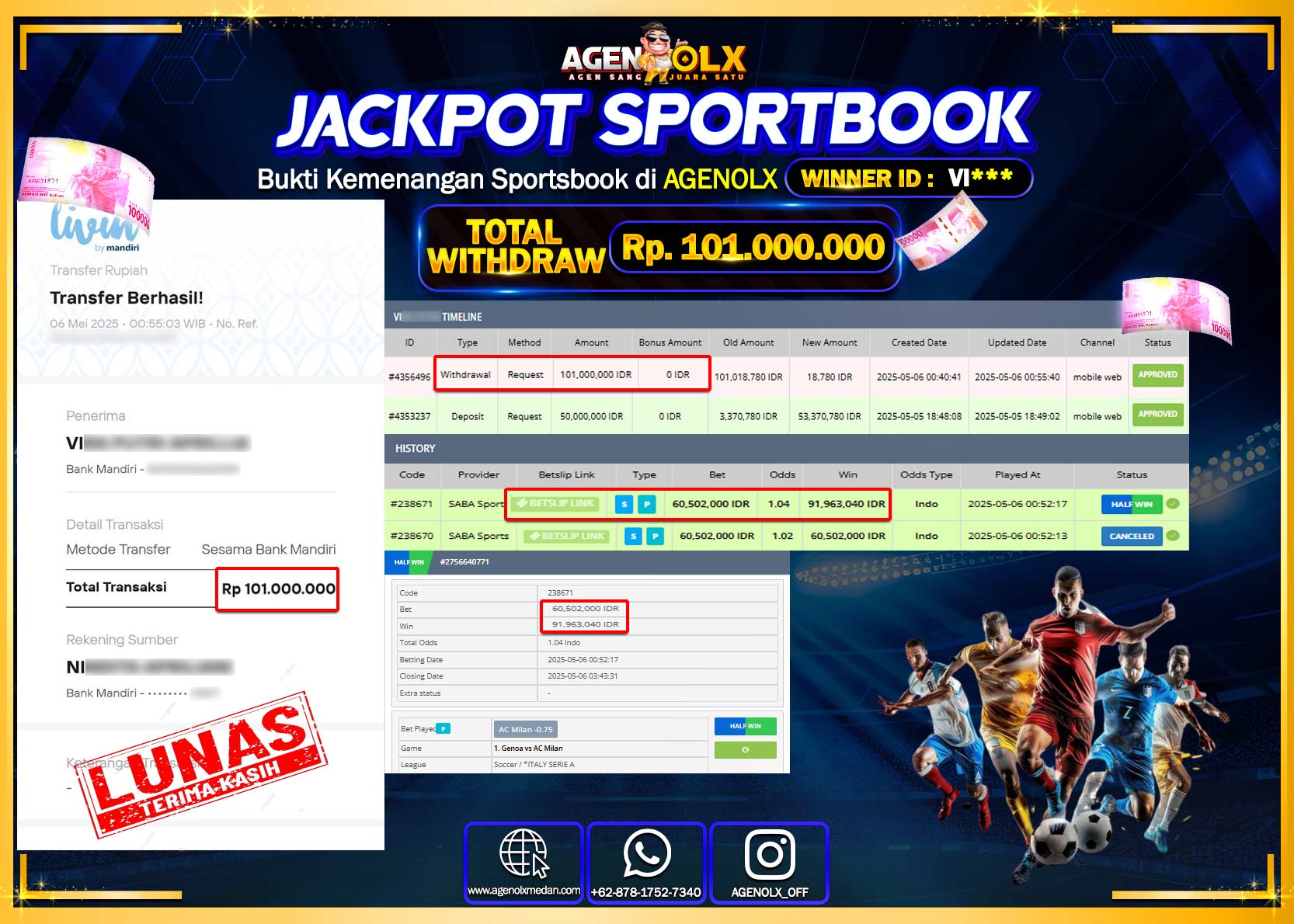 AGENOLX JACKPOT SPORTBOOK Rp 101.000.000,- LUNAS