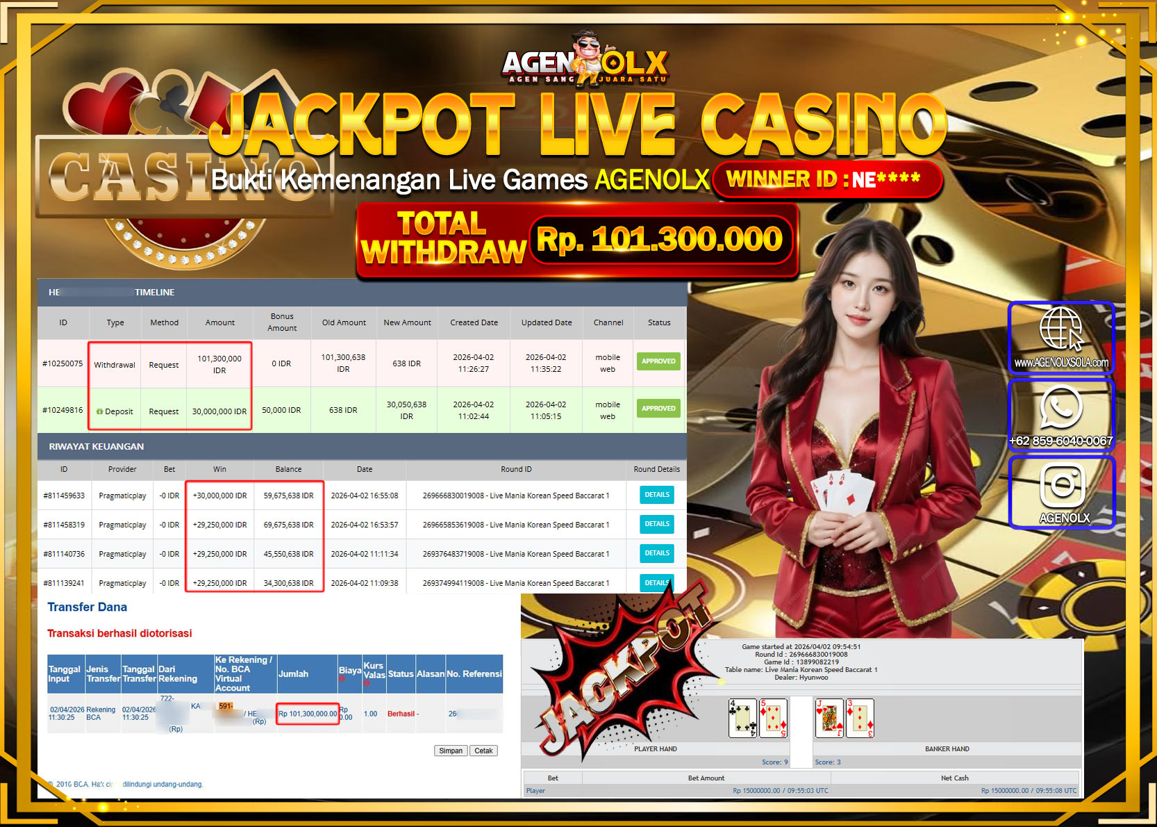 AGENOLX JACKPOT LIVE MANIA KOREAN SPEED BACCARAT 1 Rp 101.300.000 - LUNAS