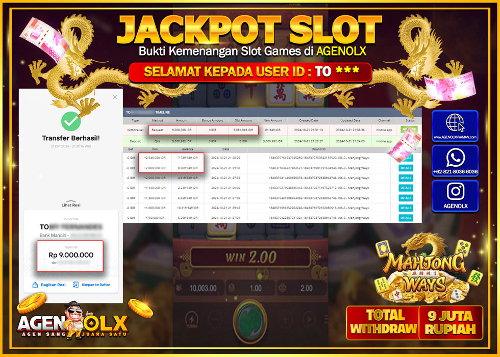 AGENOLX JACKPOT  SLOT MAHJONG WAYS  Rp 9.000.000,- LUNAS