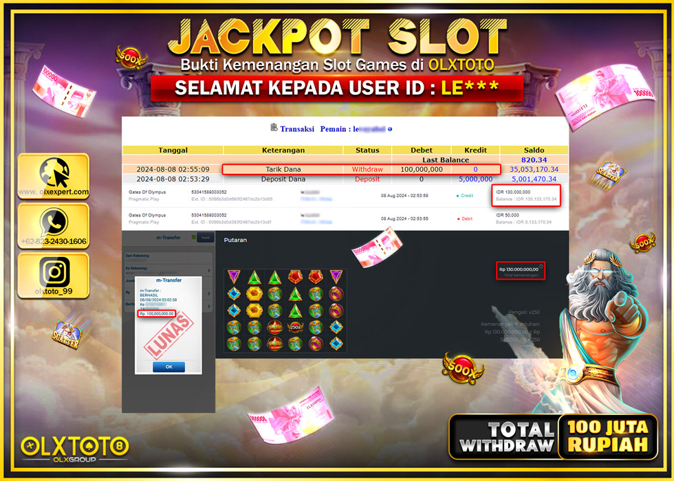 OLXTOTO JACKPOT  SLOT GATES OF OLYMPUS Rp.100.000.000.,- LUNAS
