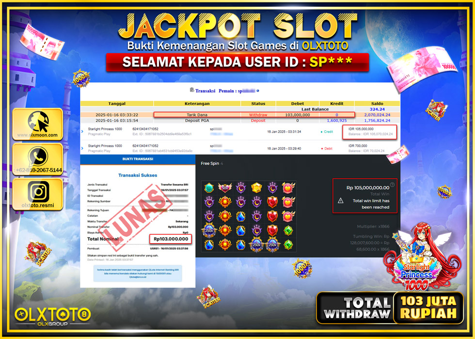 OLXTOTO JACKPOT  SLOT STARLIGHT PRINCESS 1000 Rp.103.000.000.,- LUNAS