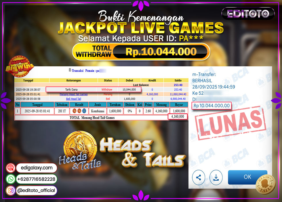 JACKPOT EDITOTO LIVE GAMES HEAD TAIL GAMES Rp. 10.044.000.,- LUNAS