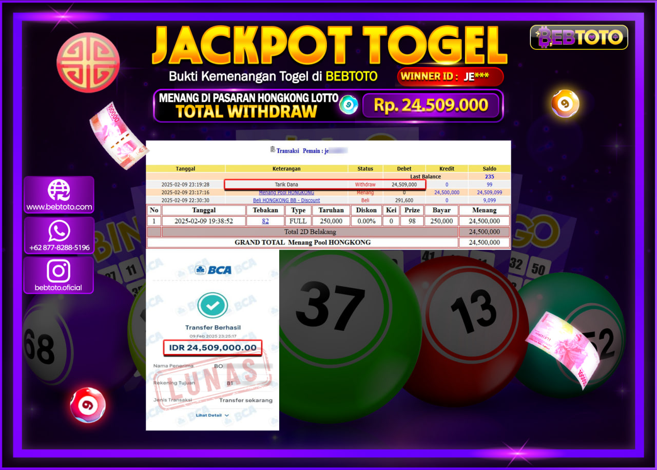 JACKPOT TOGEL BEBTOTO HONGKONG LOTTO Rp.24.509.000.,- LUNAS