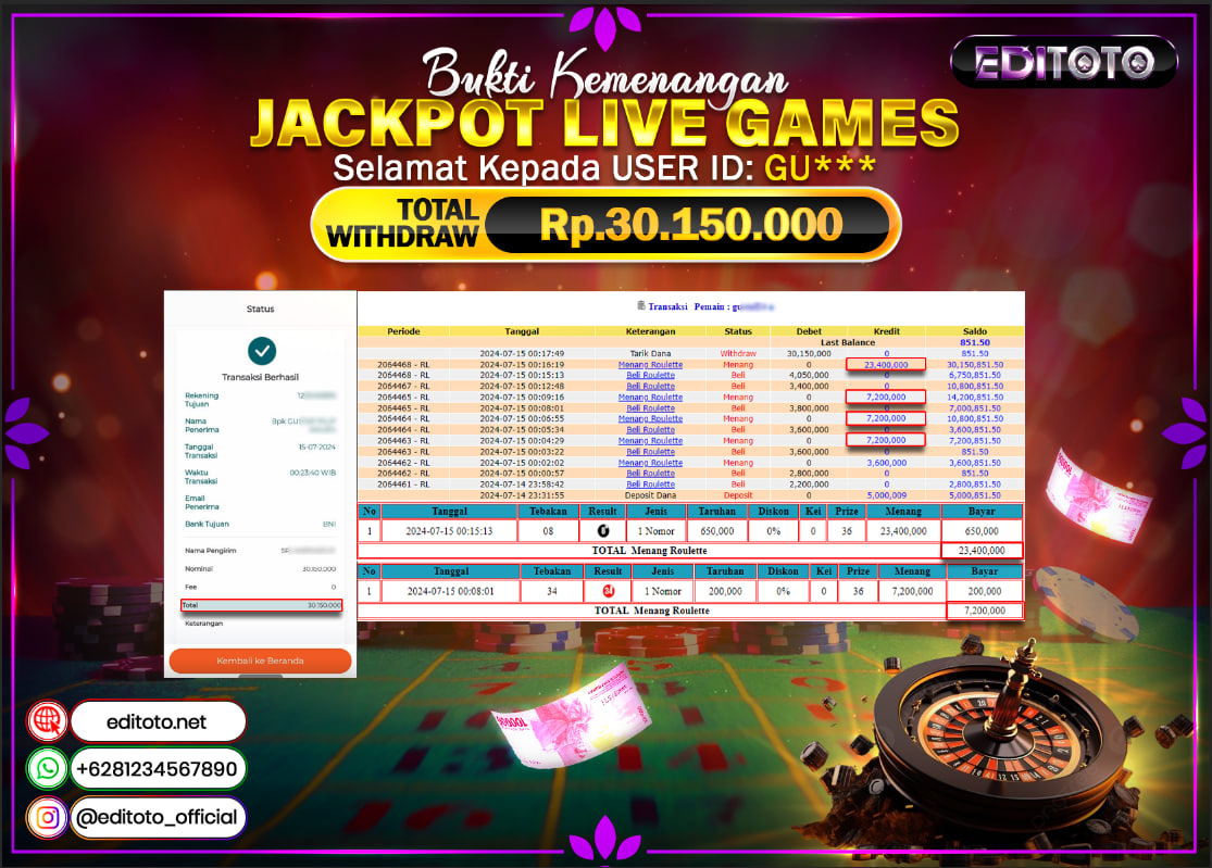 JACKPOT LIVE GAME EDITOTO ROULETTE Rp.30.150.000.,- LUNAS