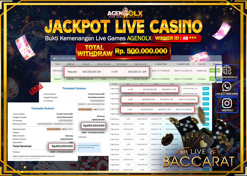AGENOLX JACKPOT LIVE CASINO BACCARAT Rp 500.000.000,- LUNAS