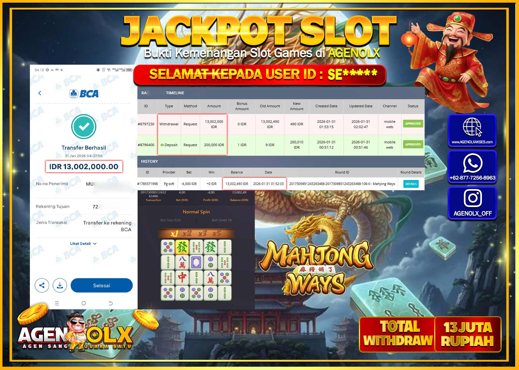 AGENOLX JACKPOT SLOT MAHJONG WAYS  Rp 13.002.000 - LUNAS