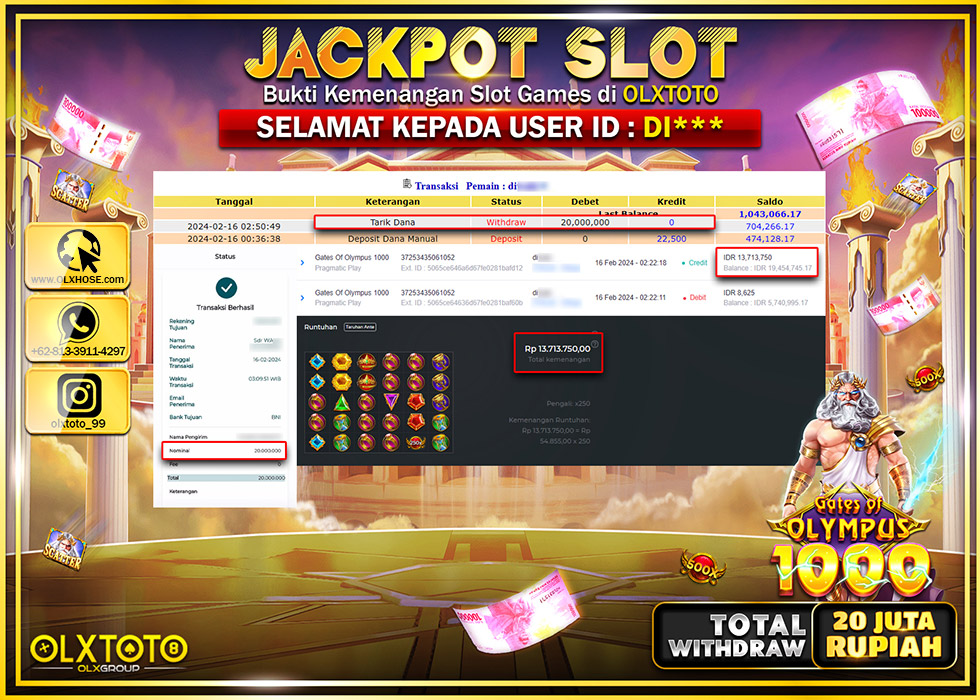 OLXTOTO JACKPOT SLOT GATES OF OLYMPUS 1000 Rp.20.000.000.,- LUNAS