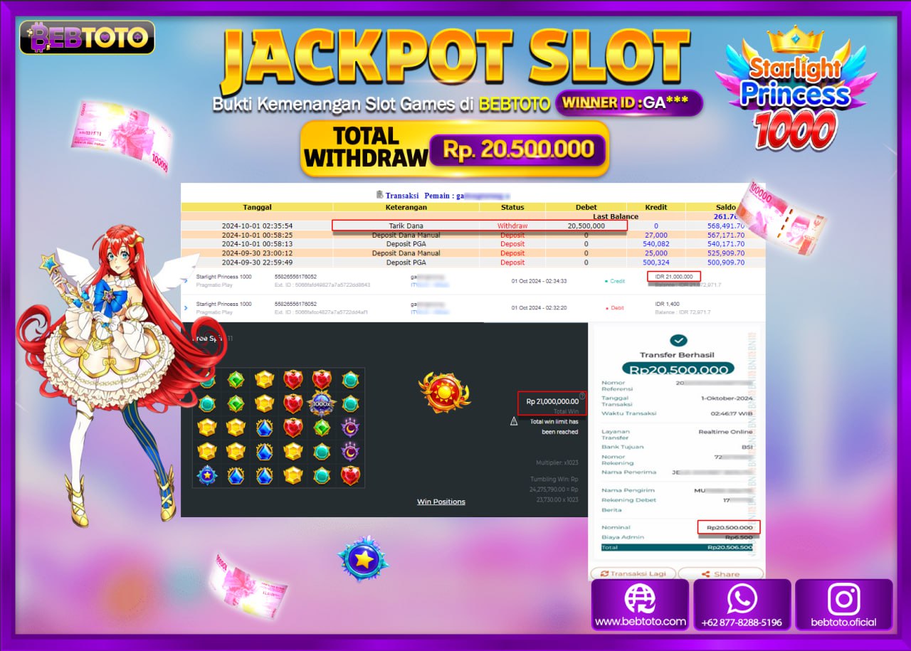 JACKPOT SLOT BEBTOTO STARLIGHT PRINCESS 1000 Rp.20.500.000.,- LUNAS
