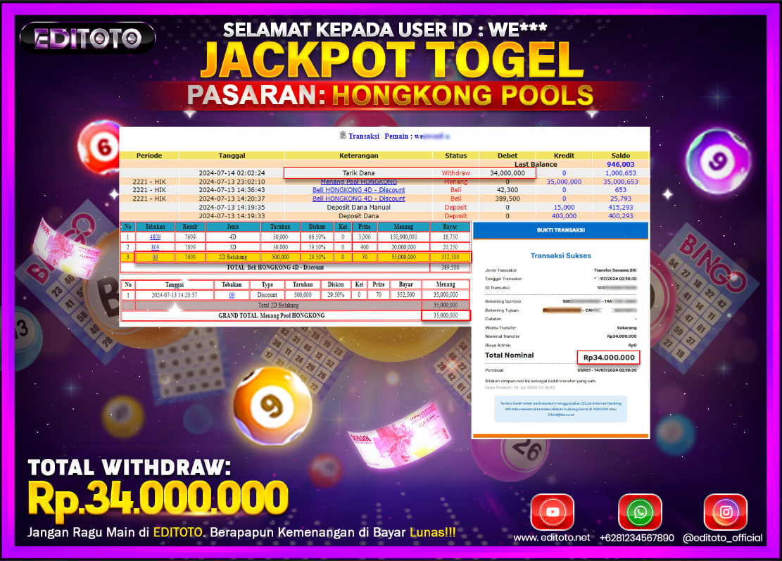 JACKPOT  TOGEL HONGKONG Rp.34.000.000.,- LUNAS