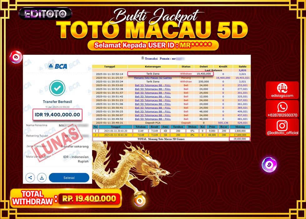 JACKPOT TOGEL PASARAN TOTOMACAU 5D Rp.19.400.000.,- LUNAS