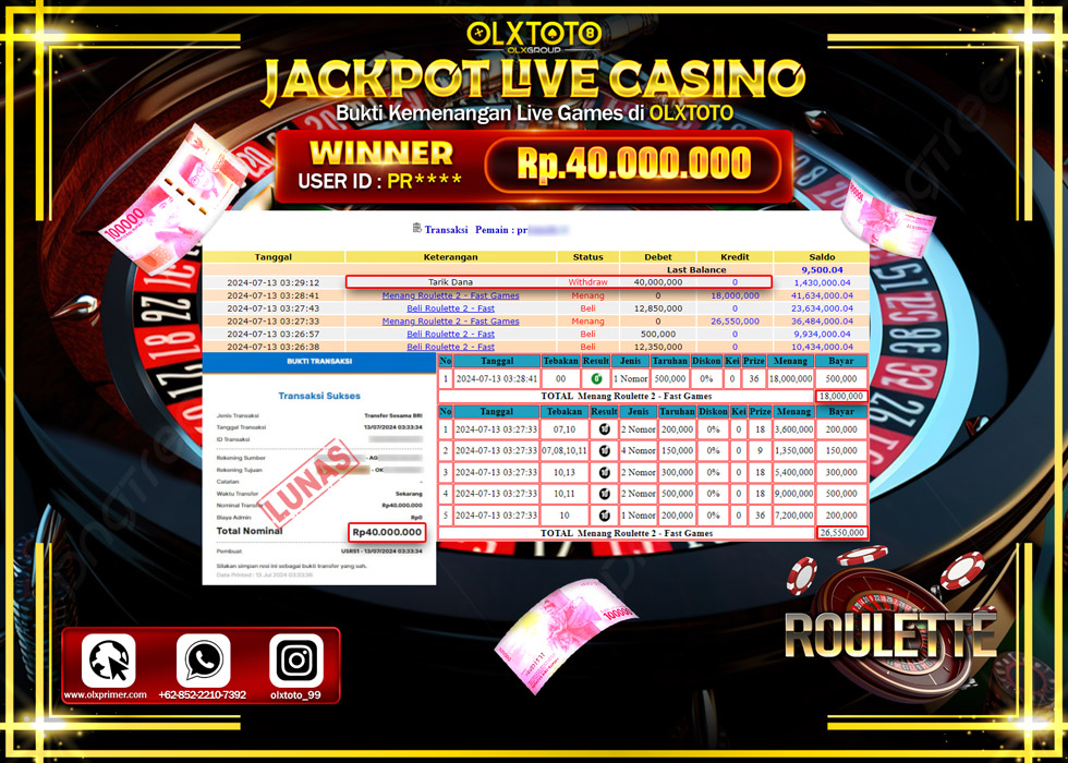 OLXTOTO JACKPOT  LIVE GAMES ROULETTE 2 Rp.40.000.000.,- LUNAS