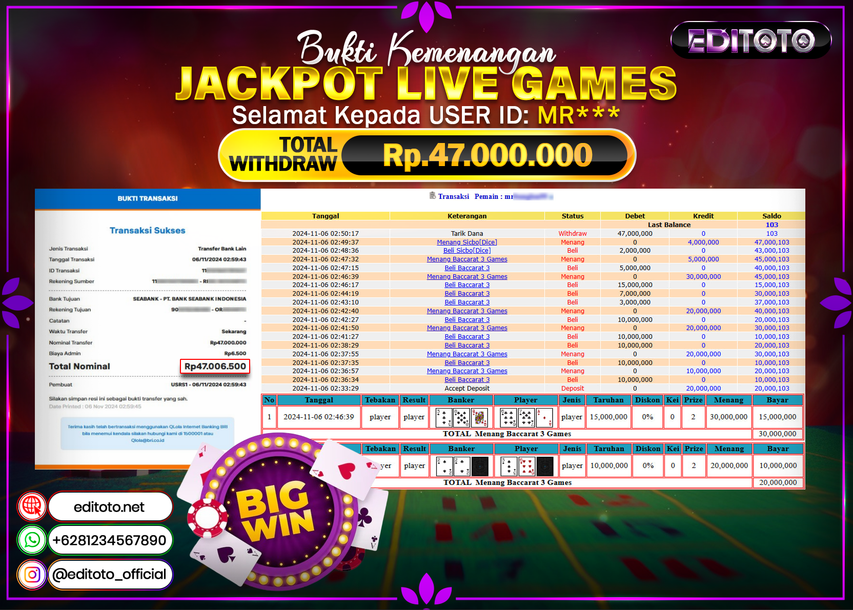 JACKPOT LIVE GAME BACCARAT Rp.47.000.000.,- LUNAS