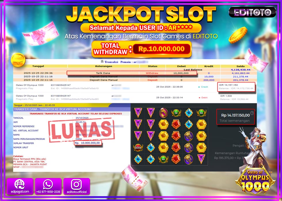 JACKPOT EDITOTO SLOT GATES OF OLYMPUS 1000   Rp.10.000.000,- LUNAS  