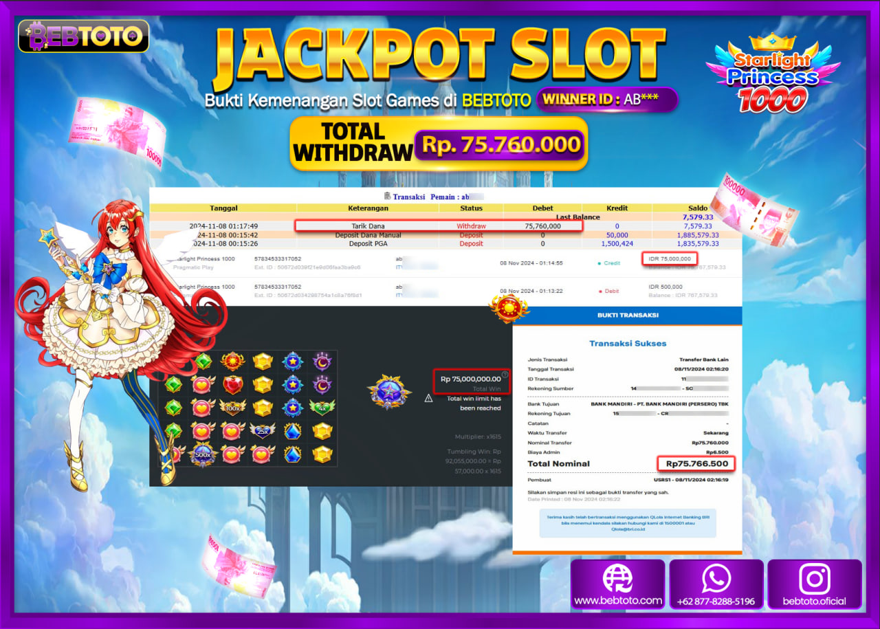 JACKPOT SLOT BEBTOTO STARLIGHT PRINCESS 1000 Rp.75.760.000.,- LUNAS