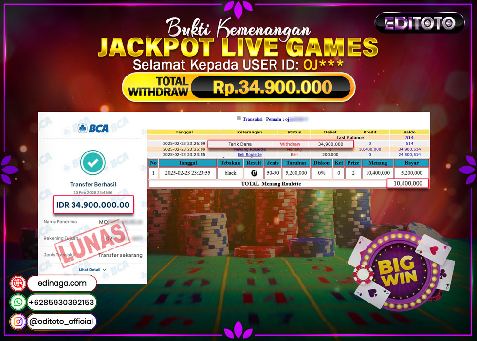 JACKPOT LIVE GAMES ROULETTE  Rp.34.900.000.,- LUNAS