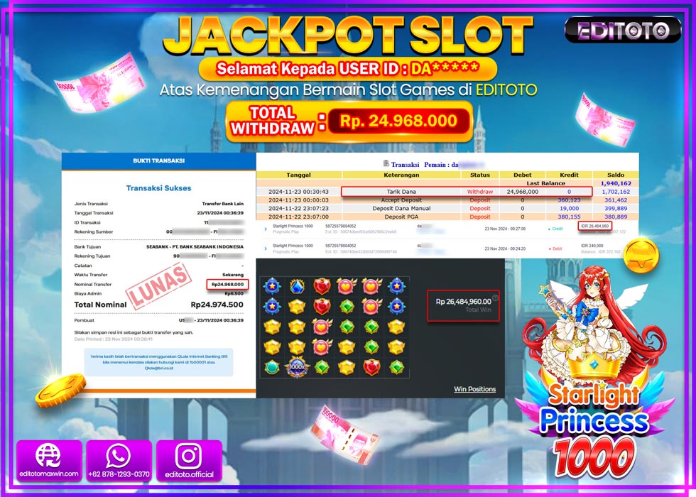 JACKPOT SLOT STARLIGHT PRINCES 1000 Rp.24.968.000.,- LUNAS