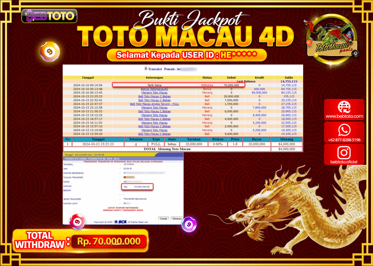 JACKPOT TOGEL BEBTOTO TOTO MACAU Rp.70.000.000.,- LUNAS