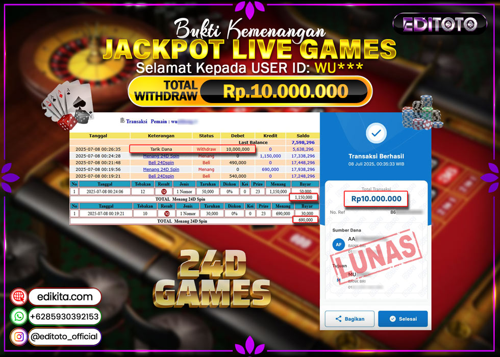 JACKPOT EDITOTO LIVE GAMES 24D SPIN Rp. 10.000.000.,- LUNAS