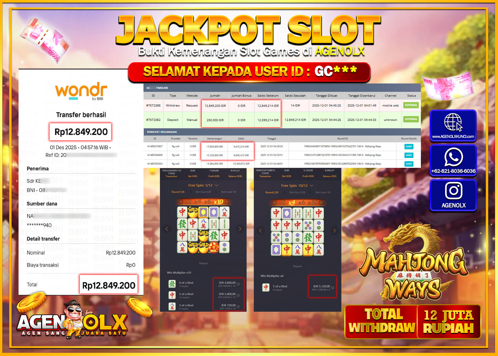 AGENOLX JACKPOT SLOT MAHJONG WAYS Rp 12,849,200,- LUNAS